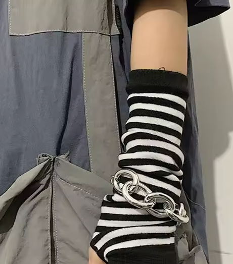 Winter Warm Unisex Fingerless Black Striped Elbow Length Knitted Gloves Soft Stretch Knit Emo Street Style