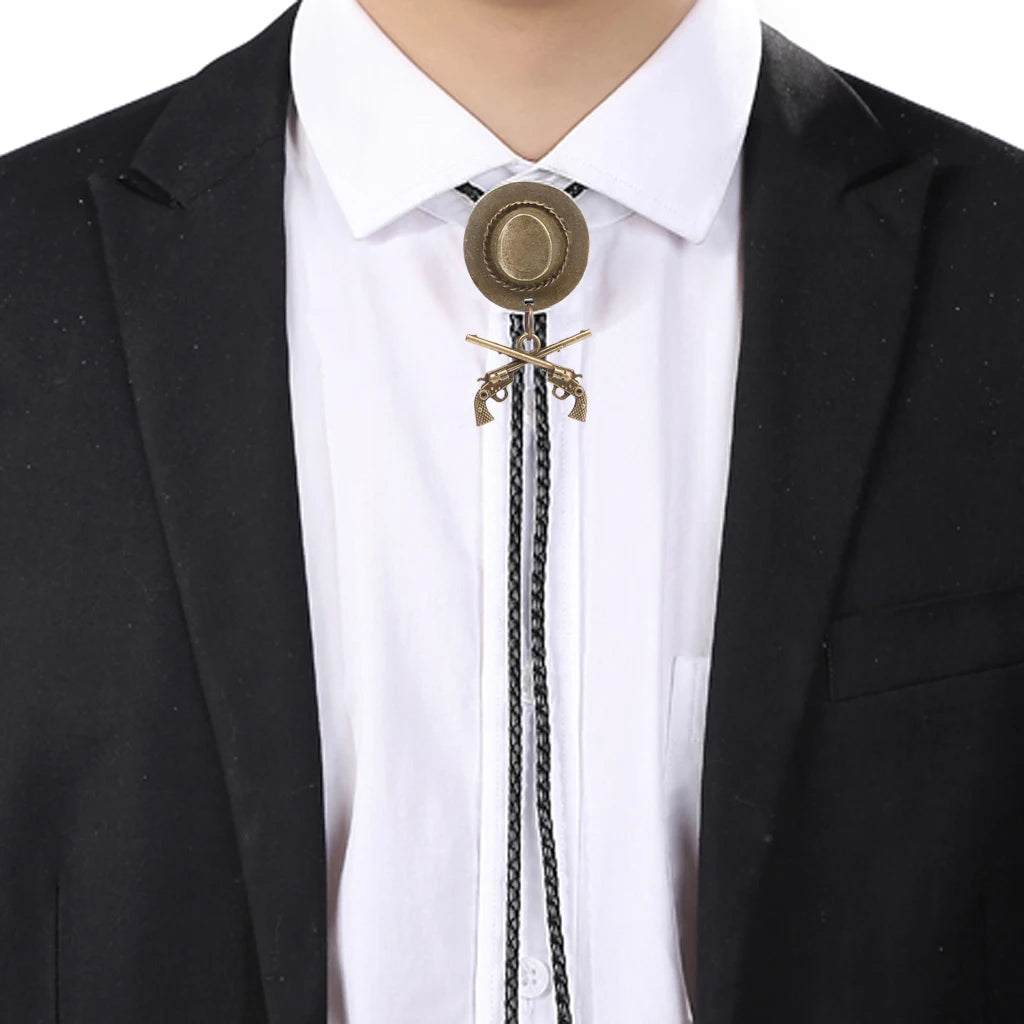 Western Cowboy Double Gun Hat & Metal Bolo Tie