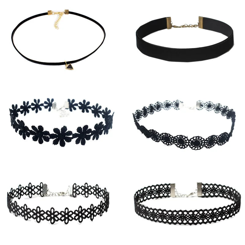 Classic Gothic Tattoo Lace Choker Necklace Set  7Pcs Stretch Velvet Jewelry Emo