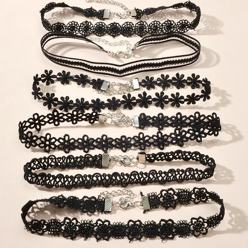 Classic Gothic Tattoo Lace Choker Necklace Set  7Pcs Stretch Velvet Jewelry Emo