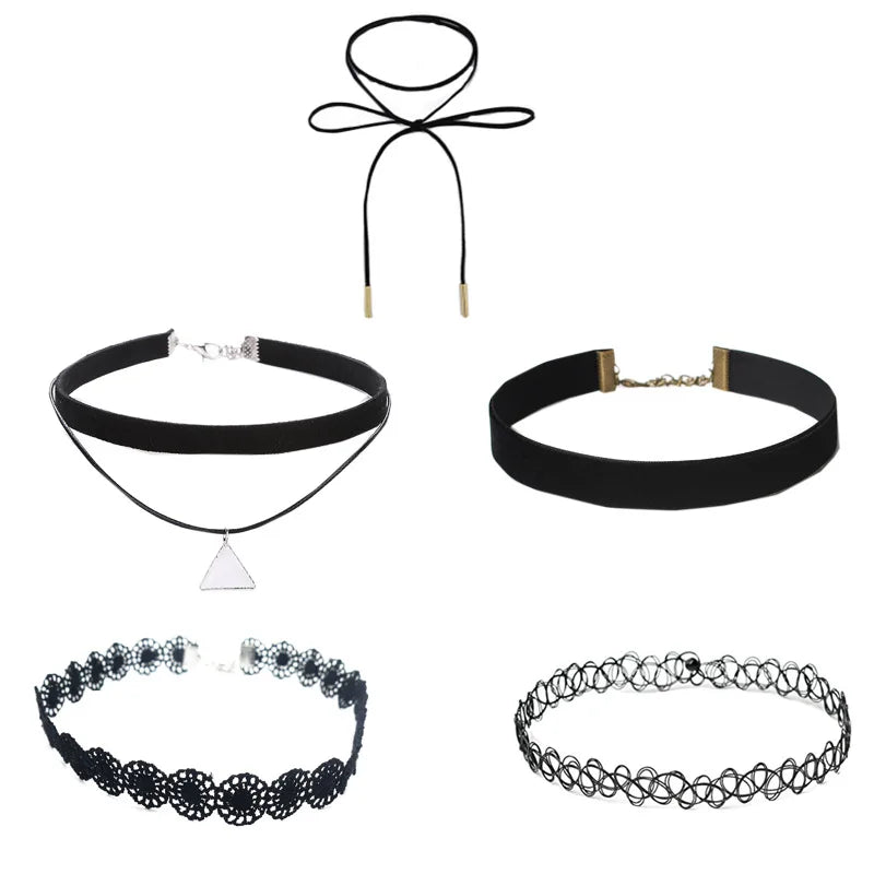 Classic Gothic Tattoo Lace Choker Necklace Set  7Pcs Stretch Velvet Jewelry Emo