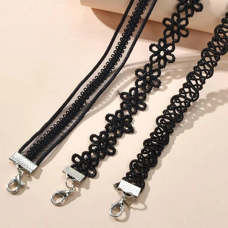Classic Gothic Tattoo Lace Choker Necklace Set  7Pcs Stretch Velvet Jewelry Emo