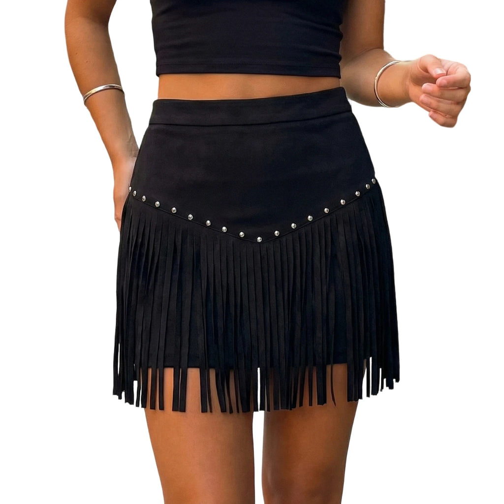 Women’s Western Tassel Mini Skirt – High Waist Cowgirl
