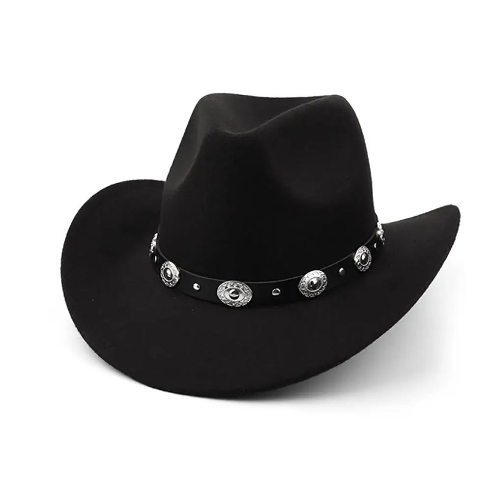 Women’s Western Cowboy Hat – Studded Pinched Cowgirl Fedora with Wide Brim and Belt Buckle