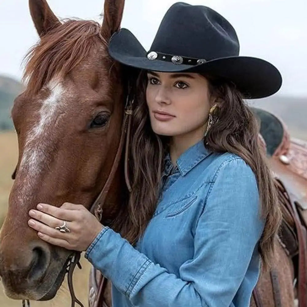 Women’s Western Cowboy Hat – Studded Pinched Cowgirl Fedora with Wide Brim and Belt Buckle