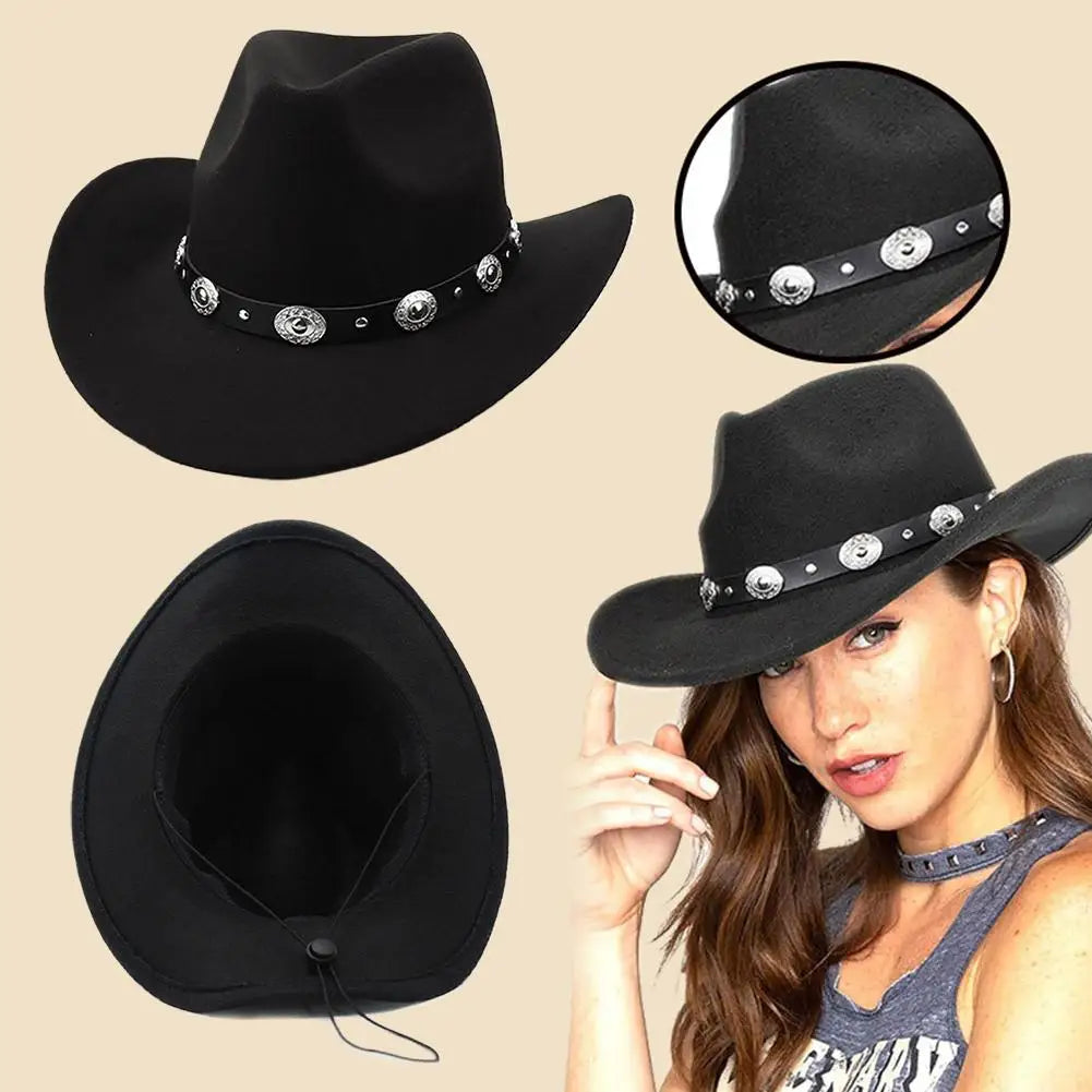 Women’s Western Cowboy Hat – Studded Pinched Cowgirl Fedora with Wide Brim and Belt Buckle