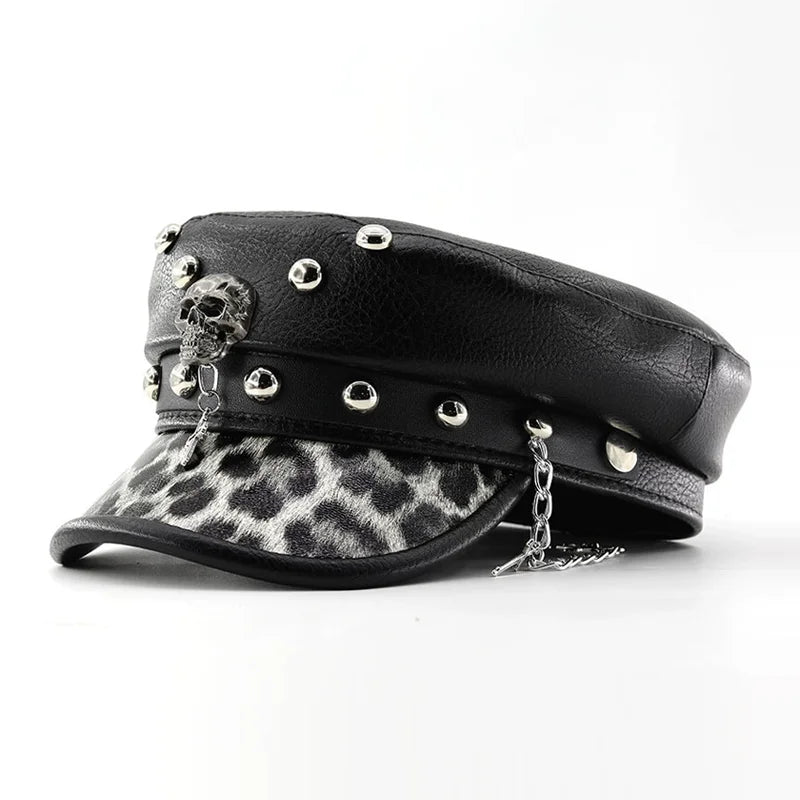 PU Leather Women Beret Punk Style Vintage Flat Top Military Cap Outdoor Casual Army Hat