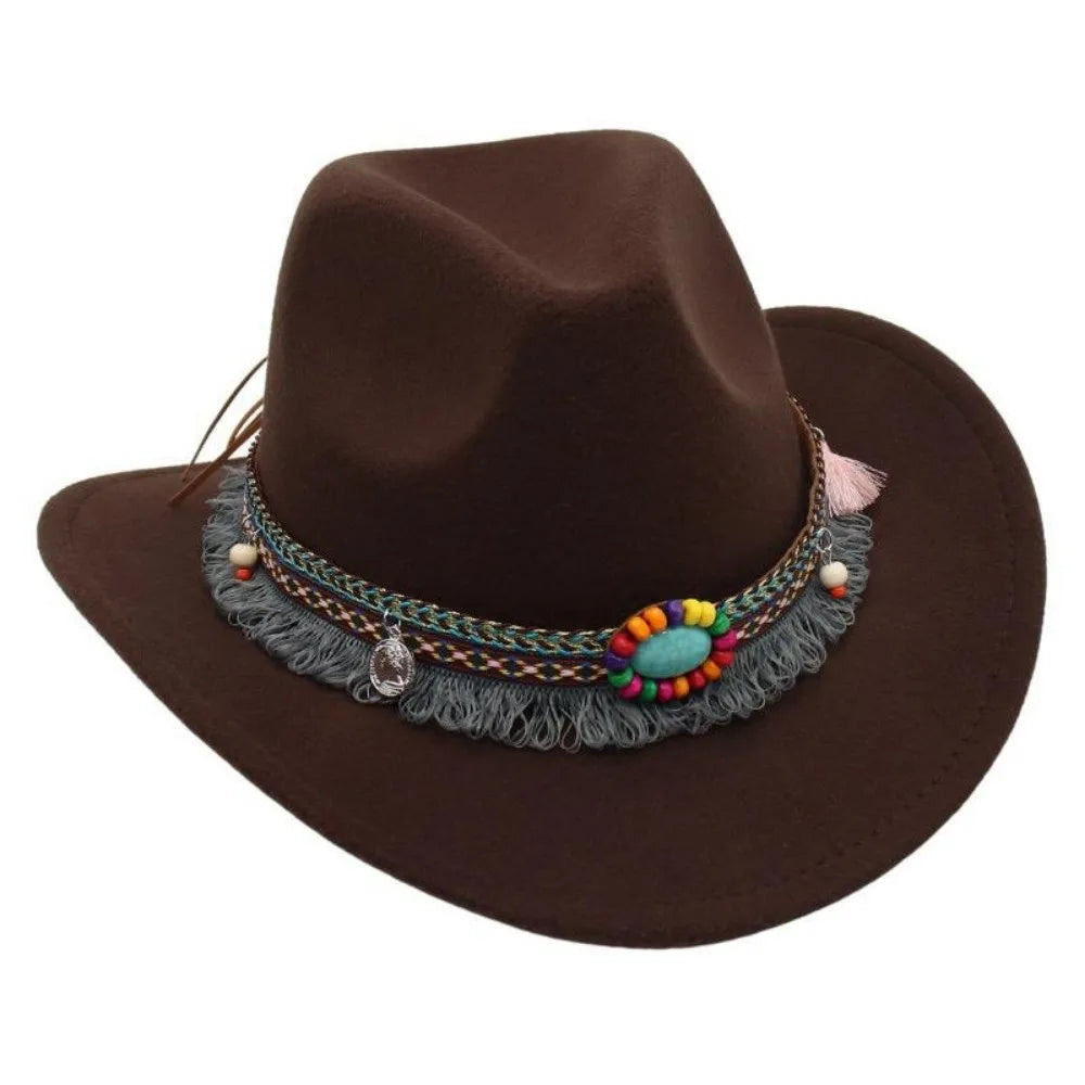Ethnic Style Western Cowboy Hat – Tibetan-Inspired Tassels & Colorful Rope, Wide Roll Brim Hat UNISEXSEX  Cap