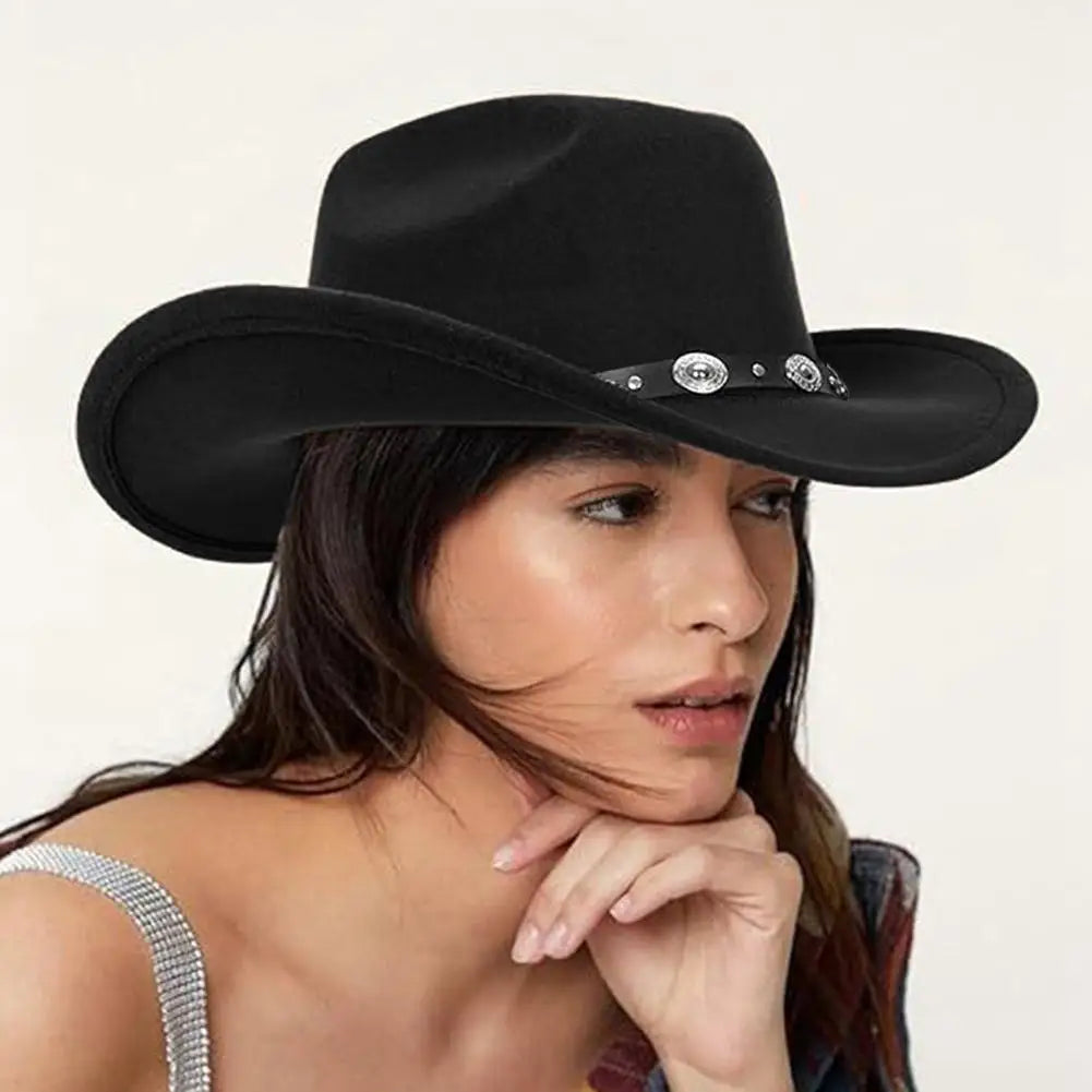 Women’s Western Cowboy Hat – Studded Pinched Cowgirl Fedora with Wide Brim and Belt Buckle