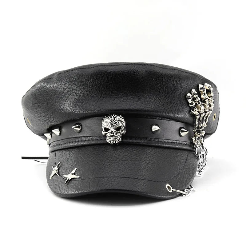 PU Leather Women Beret Punk Style Vintage Flat Top Military Cap Outdoor Casual Army Hat