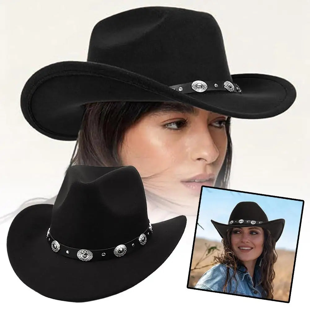 Women’s Western Cowboy Hat – Studded Pinched Cowgirl Fedora with Wide Brim and Belt Buckle