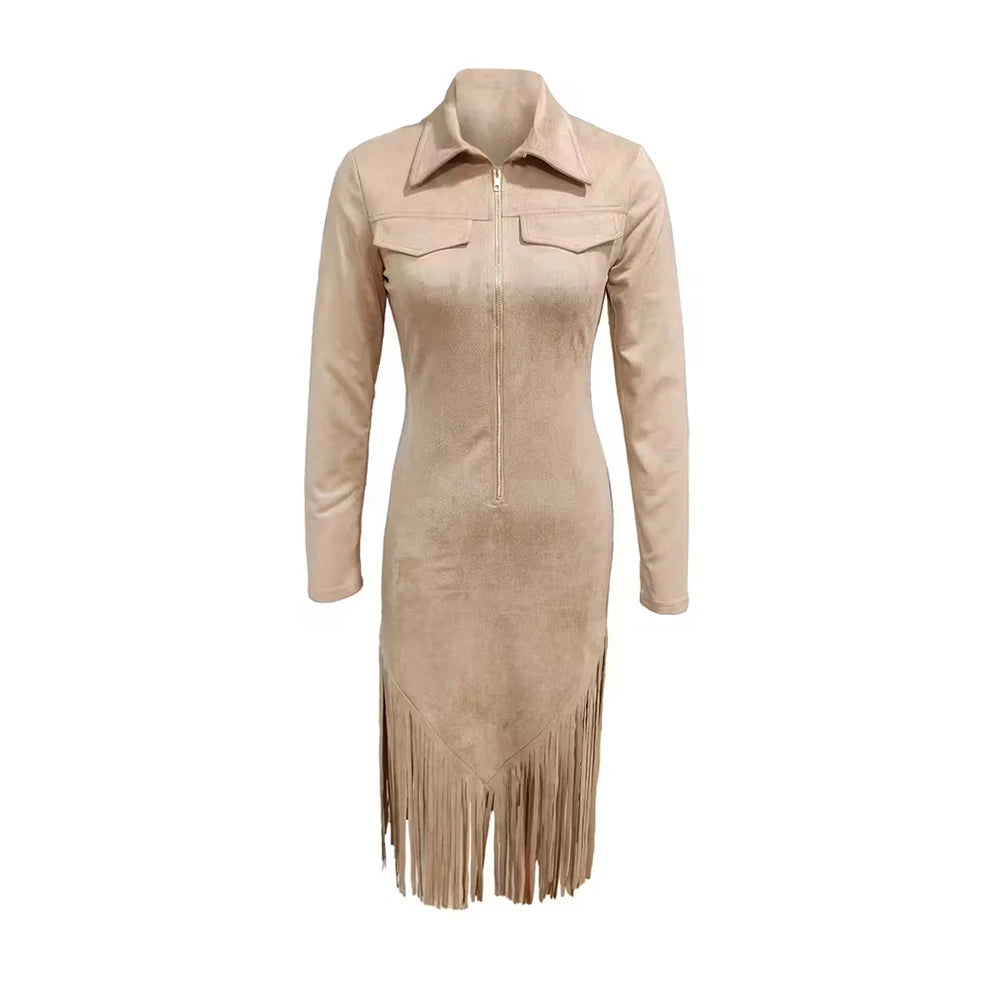 Tassel Midi Dress – Vintage Solid Color Lapel Zipper High Waist Retro Casual Dress