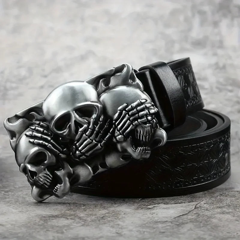 Western Cowboy Skull Belt 💀 | Retro Silver Plate Buckle,  – Trendy PU Leather