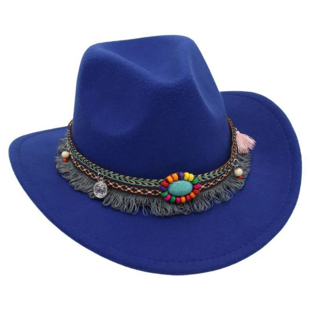 Ethnic Style Western Cowboy Hat – Tibetan-Inspired Tassels & Colorful Rope, Wide Roll Brim Hat UNISEXSEX  Cap
