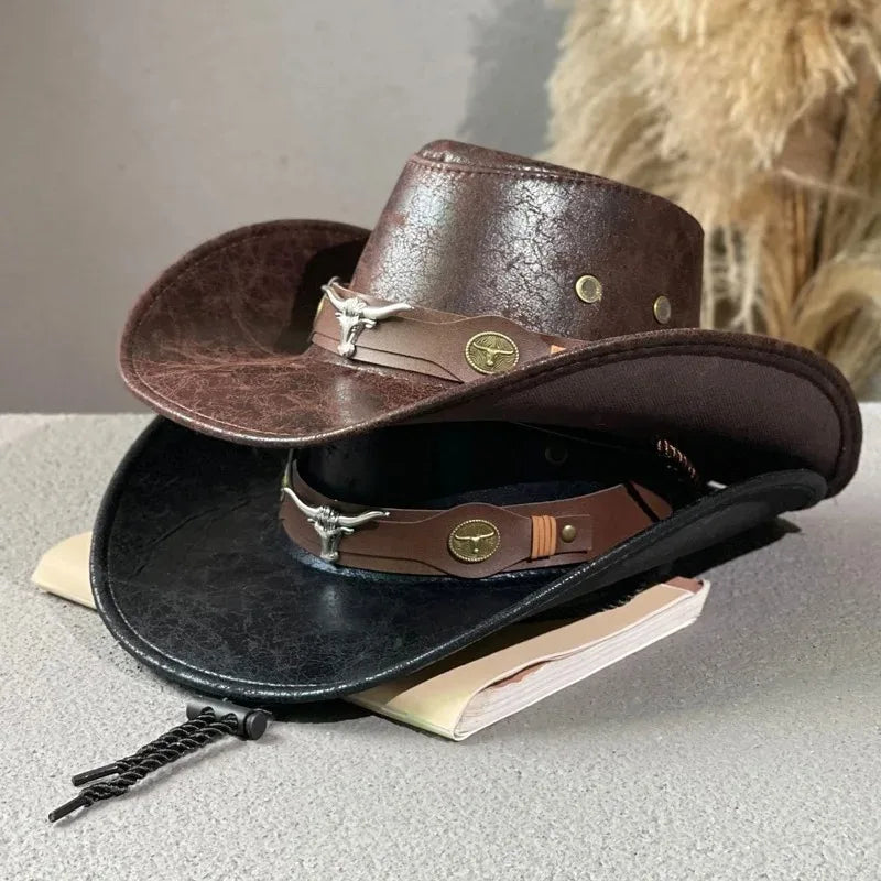 New Fashion Cowboy Hat  | Faux Leather, Cow Head Accent