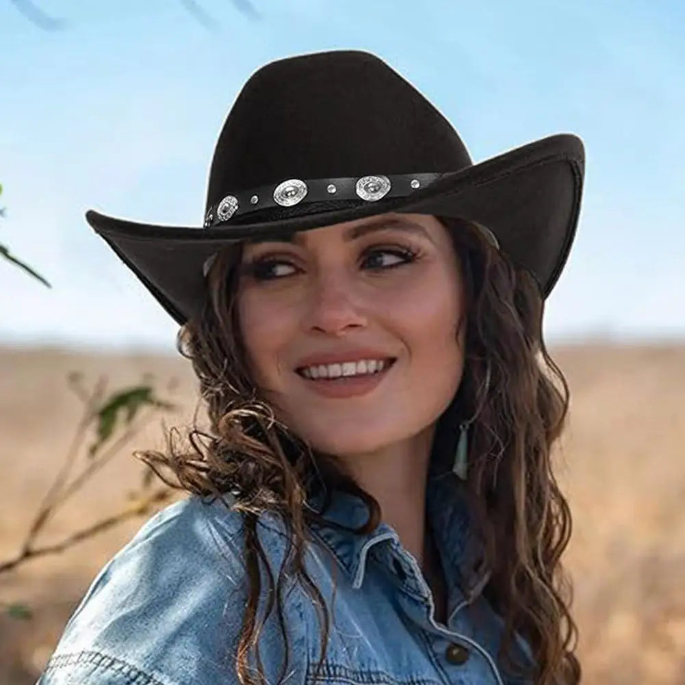 Women’s Western Cowboy Hat – Studded Pinched Cowgirl Fedora with Wide Brim and Belt Buckle