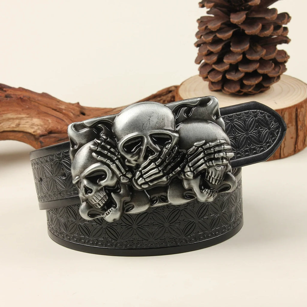 Western Cowboy Skull Belt 💀 | Retro Silver Plate Buckle,  – Trendy PU Leather