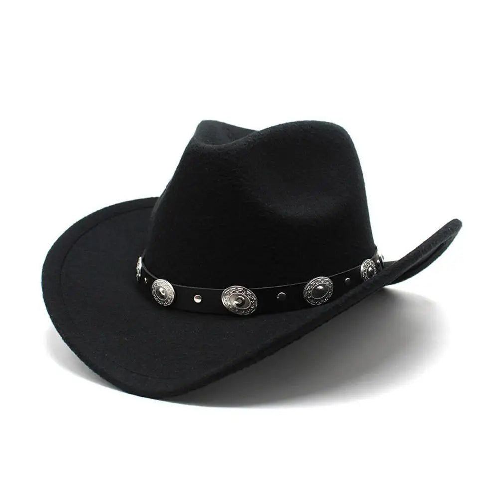 Women’s Western Cowboy Hat – Studded Pinched Cowgirl Fedora with Wide Brim and Belt Buckle