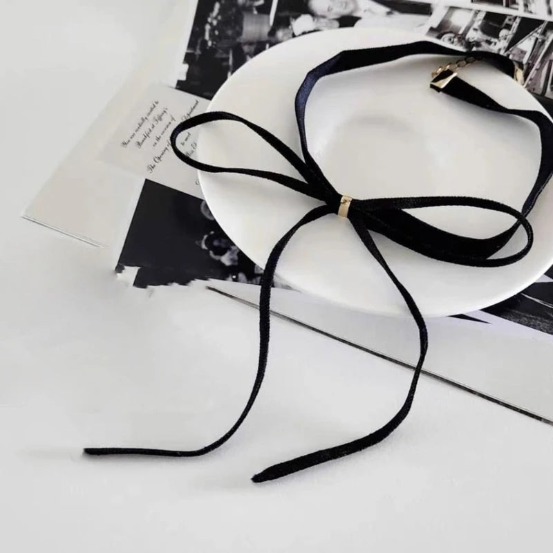 Gothic Bows Pendant Necklace Adjustable Velvet Rope Choker EMO