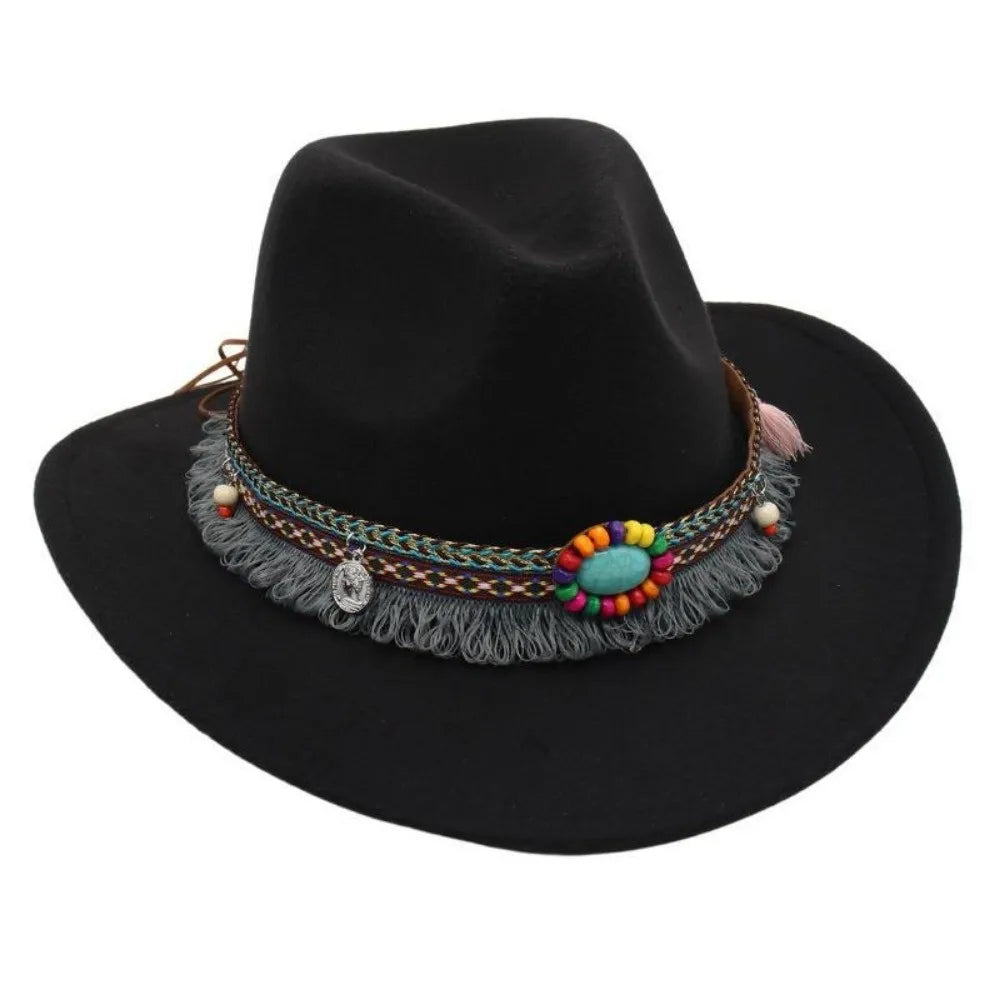 Ethnic Style Western Cowboy Hat – Tibetan-Inspired Tassels & Colorful Rope, Wide Roll Brim Hat UNISEXSEX  Cap
