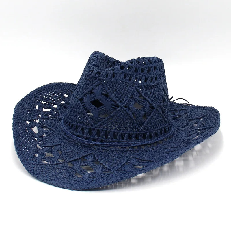Straw Western Cowboy Hat for Women Men Classic Vintage Hollow Out Unisex Curled Wide Brim Sun Hat Fishing Hat Climbing Cap