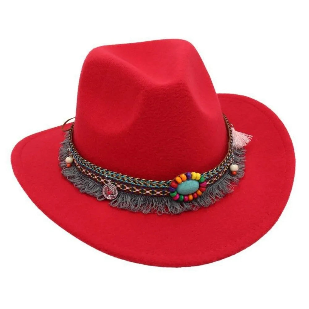 Ethnic Style Western Cowboy Hat – Tibetan-Inspired Tassels & Colorful Rope, Wide Roll Brim Hat UNISEXSEX  Cap