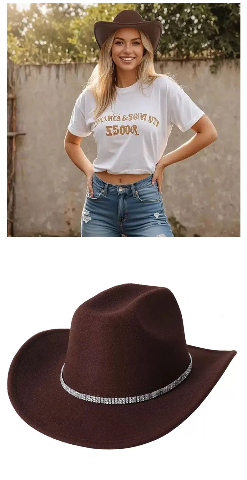 Classic Western Cowboy Hat – Unisex Cowgirl & Cowboy Hat with Sparkly Rhinestone Buckle Belt