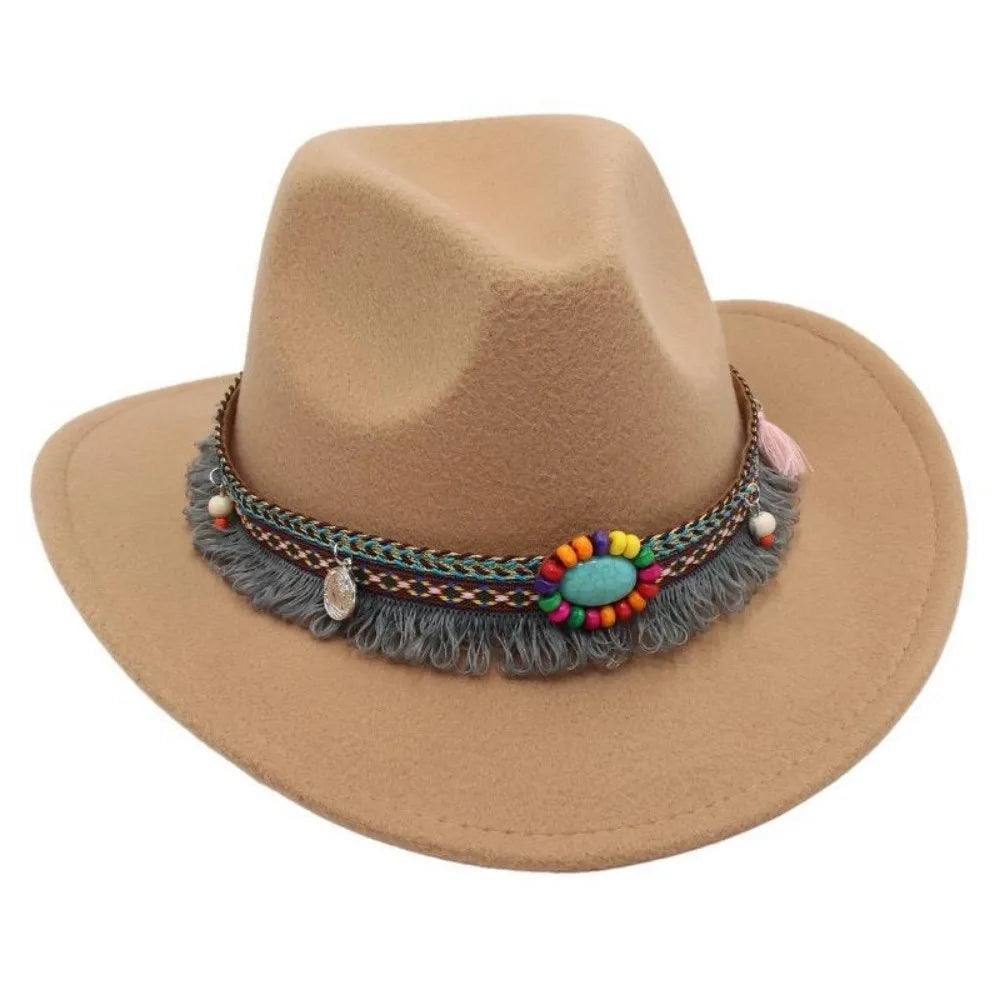 Ethnic Style Western Cowboy Hat – Tibetan-Inspired Tassels & Colorful Rope, Wide Roll Brim Hat UNISEXSEX  Cap