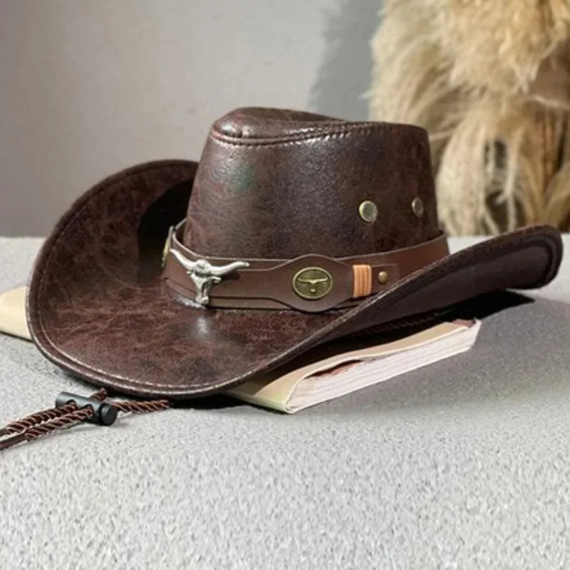 New Fashion Cowboy Hat  | Faux Leather, Cow Head Accent