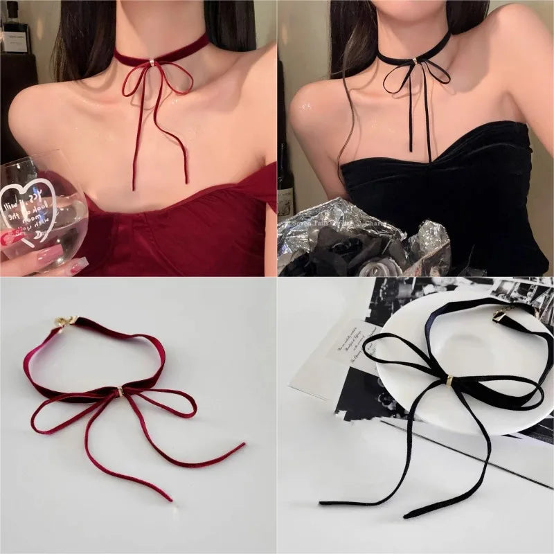 Gothic Bows Pendant Necklace Adjustable Velvet Rope Choker EMO
