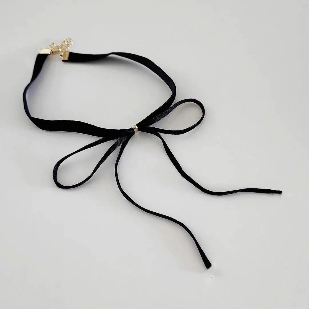 Gothic Bows Pendant Necklace Adjustable Velvet Rope Choker EMO