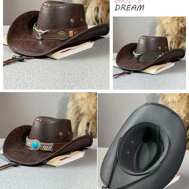 New Fashion Cowboy Hat  | Faux Leather, Cow Head Accent