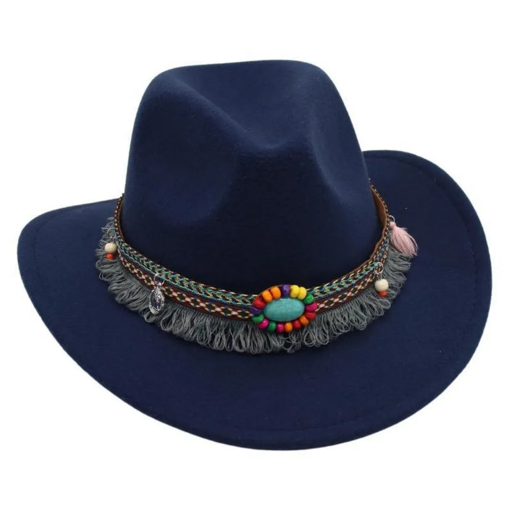 Ethnic Style Western Cowboy Hat – Tibetan-Inspired Tassels & Colorful Rope, Wide Roll Brim Hat UNISEXSEX  Cap