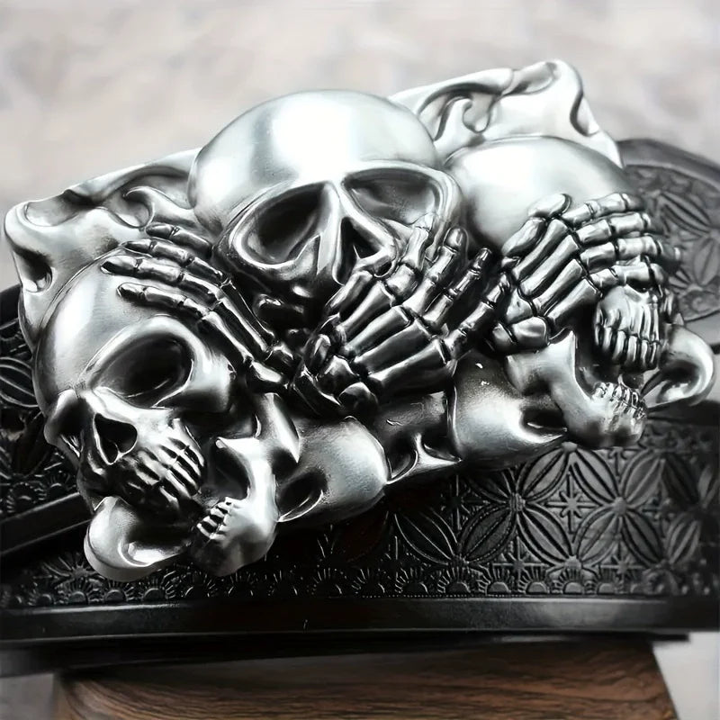 Western Cowboy Skull Belt 💀 | Retro Silver Plate Buckle,  – Trendy PU Leather