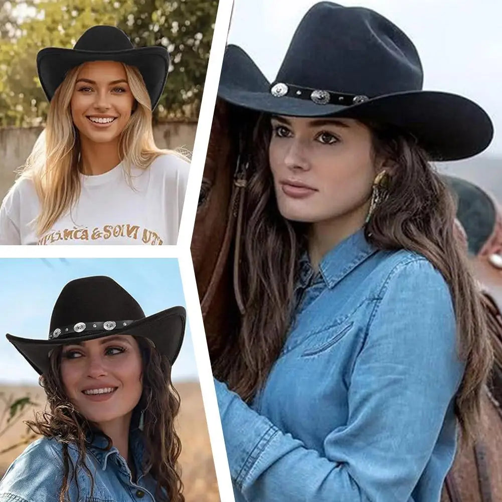 Women’s Western Cowboy Hat – Studded Pinched Cowgirl Fedora with Wide Brim and Belt Buckle