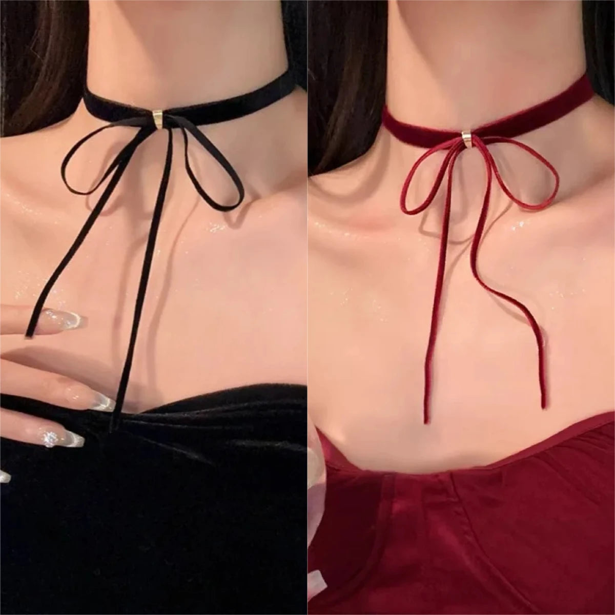 Gothic Bows Pendant Necklace Adjustable Velvet Rope Choker EMO