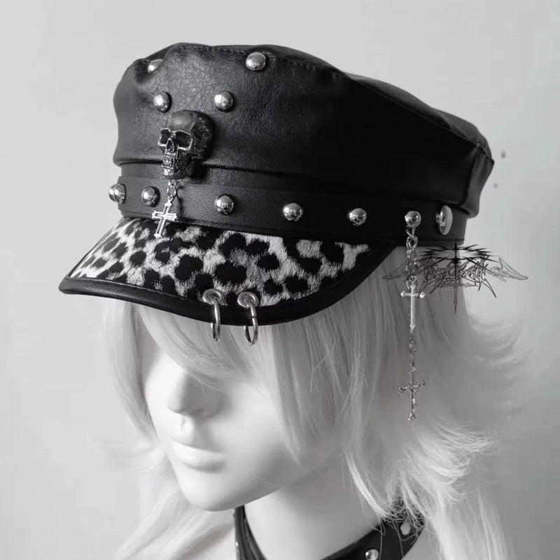 PU Leather Women Beret Punk Style Vintage Flat Top Military Cap Outdoor Casual Army Hat