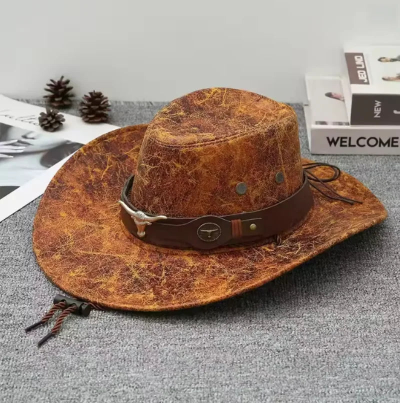 New Fashion Cowboy Hat  | Faux Leather, Cow Head Accent