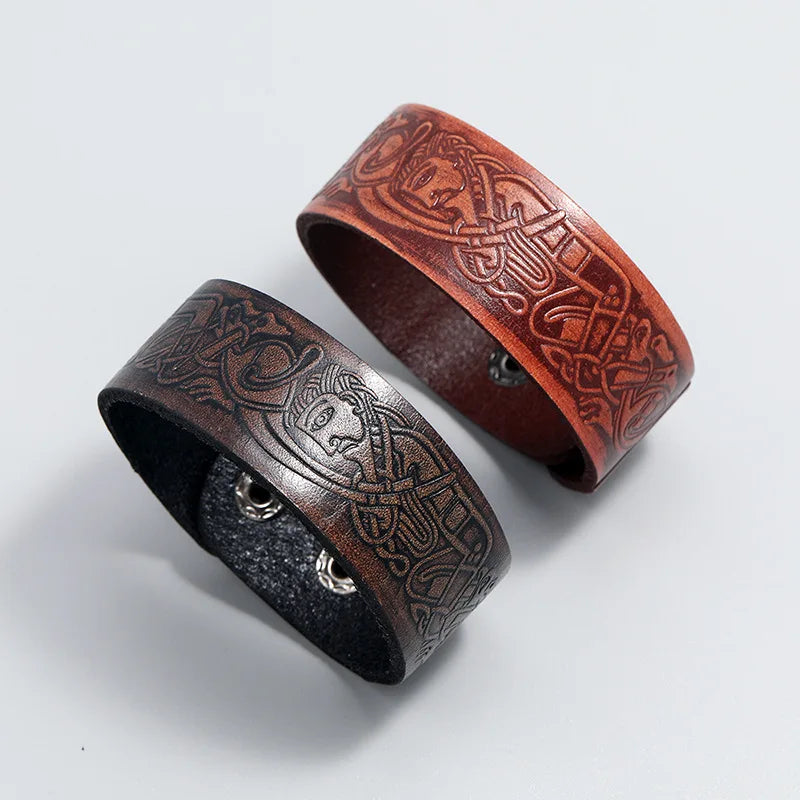 Retro Embossed Totem Cowhide Leather Wristband
