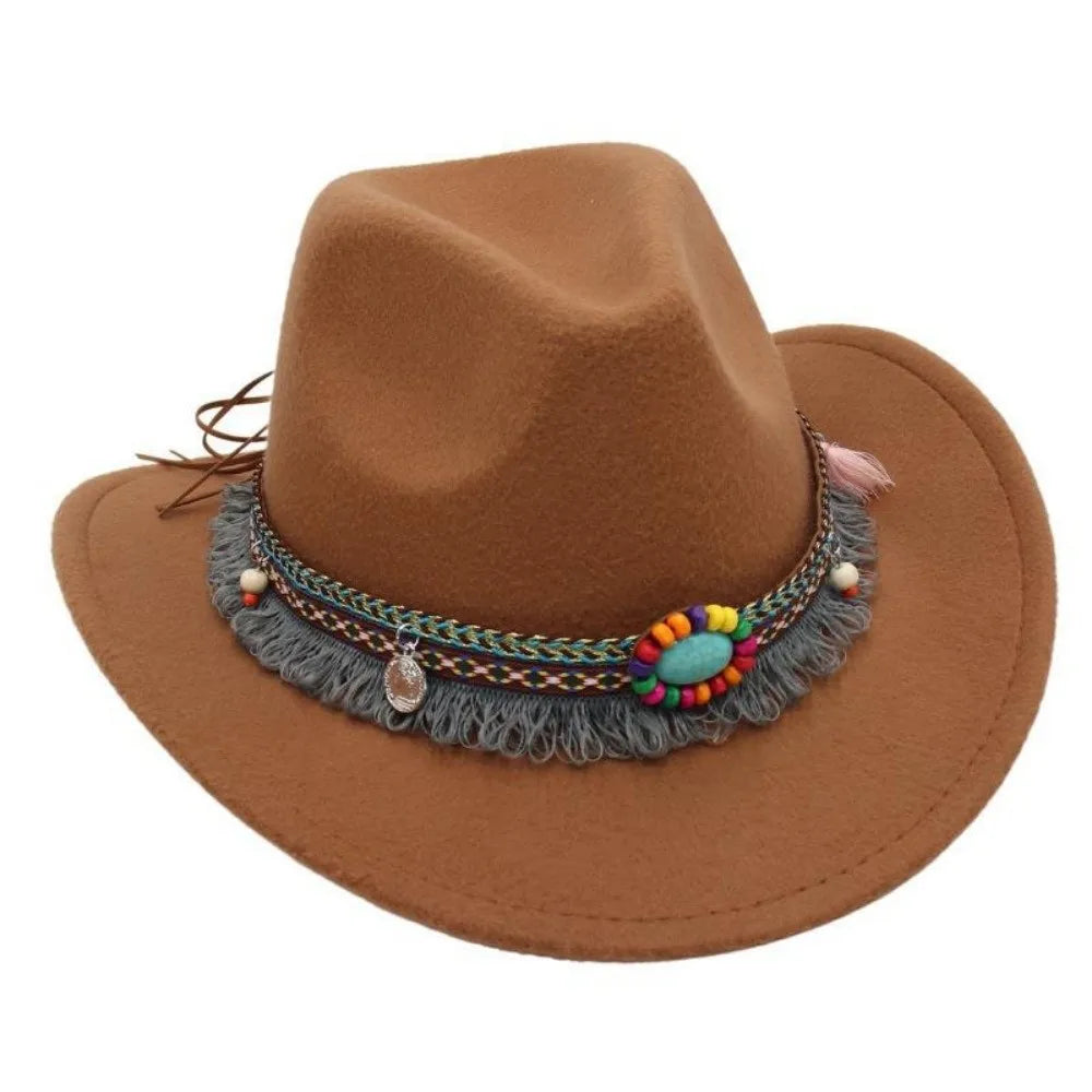 Ethnic Style Western Cowboy Hat – Tibetan-Inspired Tassels & Colorful Rope, Wide Roll Brim Hat UNISEXSEX  Cap