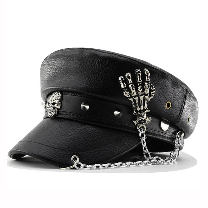 PU Leather Women Beret Punk Style Vintage Flat Top Military Cap Outdoor Casual Army Hat