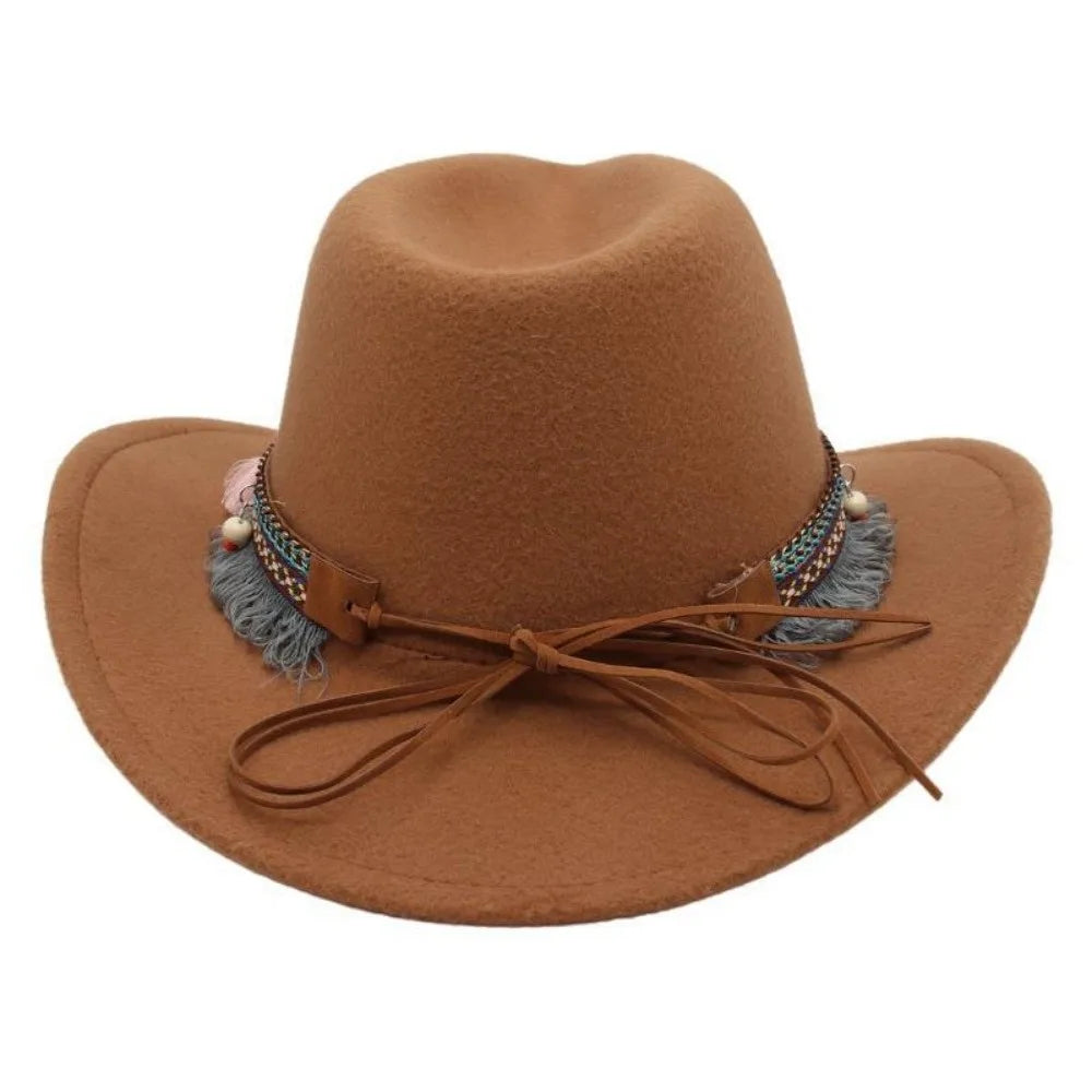 Ethnic Style Western Cowboy Hat – Tibetan-Inspired Tassels & Colorful Rope, Wide Roll Brim Hat UNISEXSEX  Cap