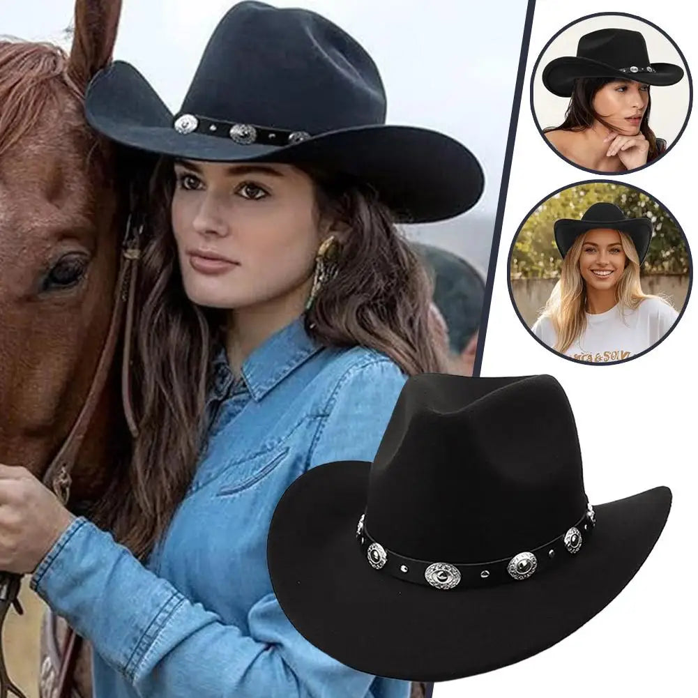 Women’s Western Cowboy Hat – Studded Pinched Cowgirl Fedora with Wide Brim and Belt Buckle