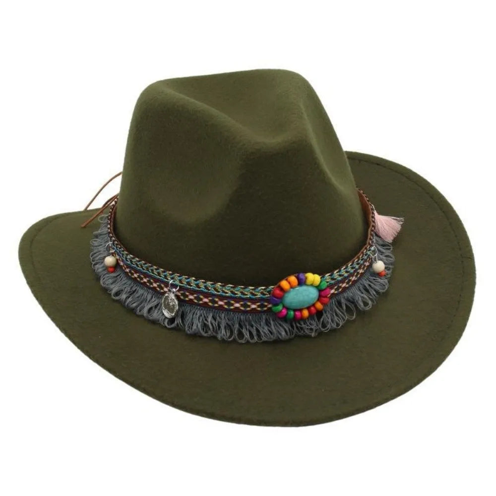 Ethnic Style Western Cowboy Hat – Tibetan-Inspired Tassels & Colorful Rope, Wide Roll Brim Hat UNISEXSEX  Cap