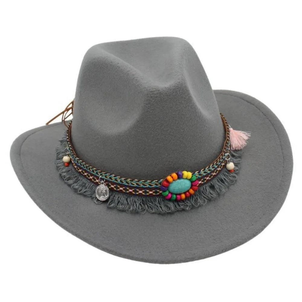 Ethnic Style Western Cowboy Hat – Tibetan-Inspired Tassels & Colorful Rope, Wide Roll Brim Hat UNISEXSEX  Cap