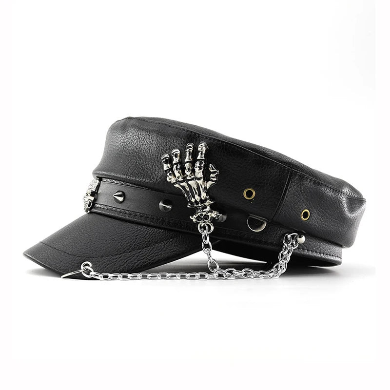 PU Leather Women Beret Punk Style Vintage Flat Top Military Cap Outdoor Casual Army Hat