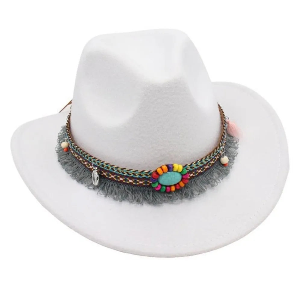 Ethnic Style Western Cowboy Hat – Tibetan-Inspired Tassels & Colorful Rope, Wide Roll Brim Hat UNISEXSEX  Cap