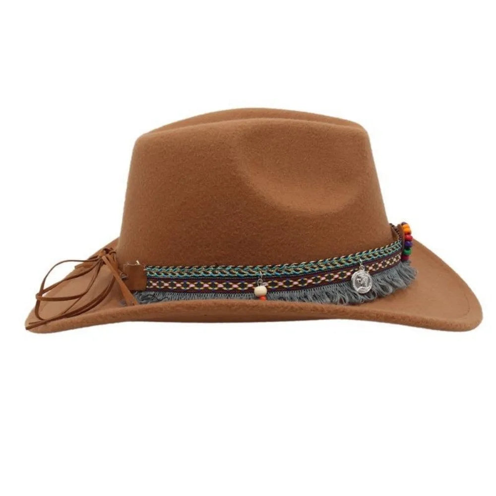 Ethnic Style Western Cowboy Hat – Tibetan-Inspired Tassels & Colorful Rope, Wide Roll Brim Hat UNISEXSEX  Cap