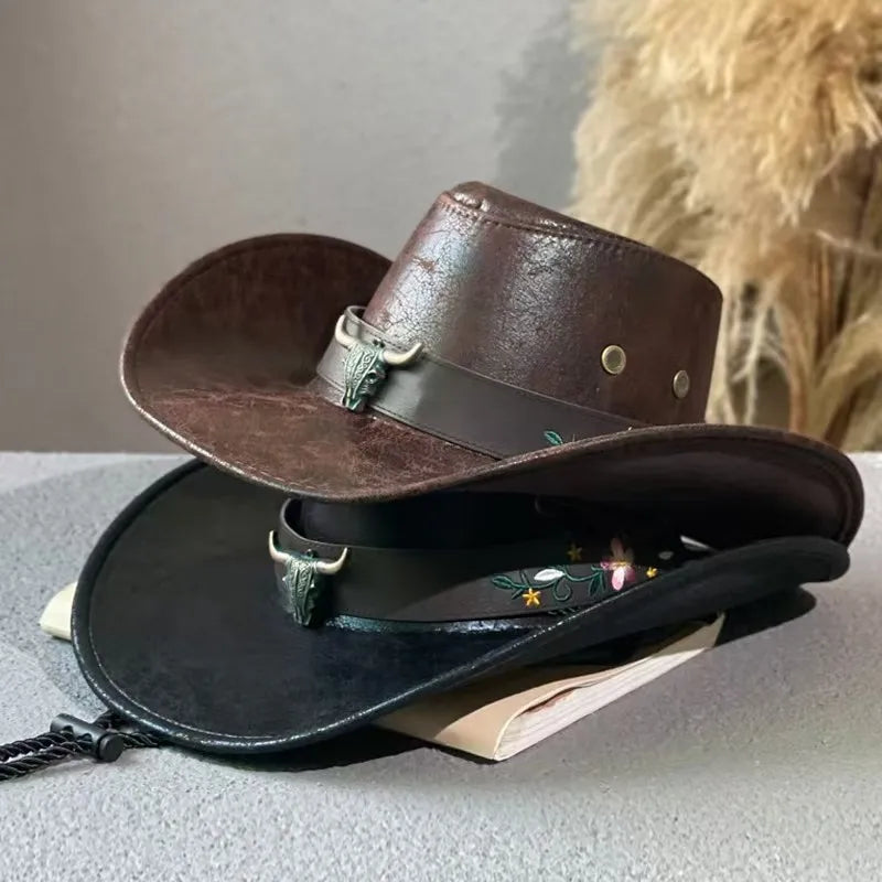New Fashion Cowboy Hat  | Faux Leather, Cow Head Accent