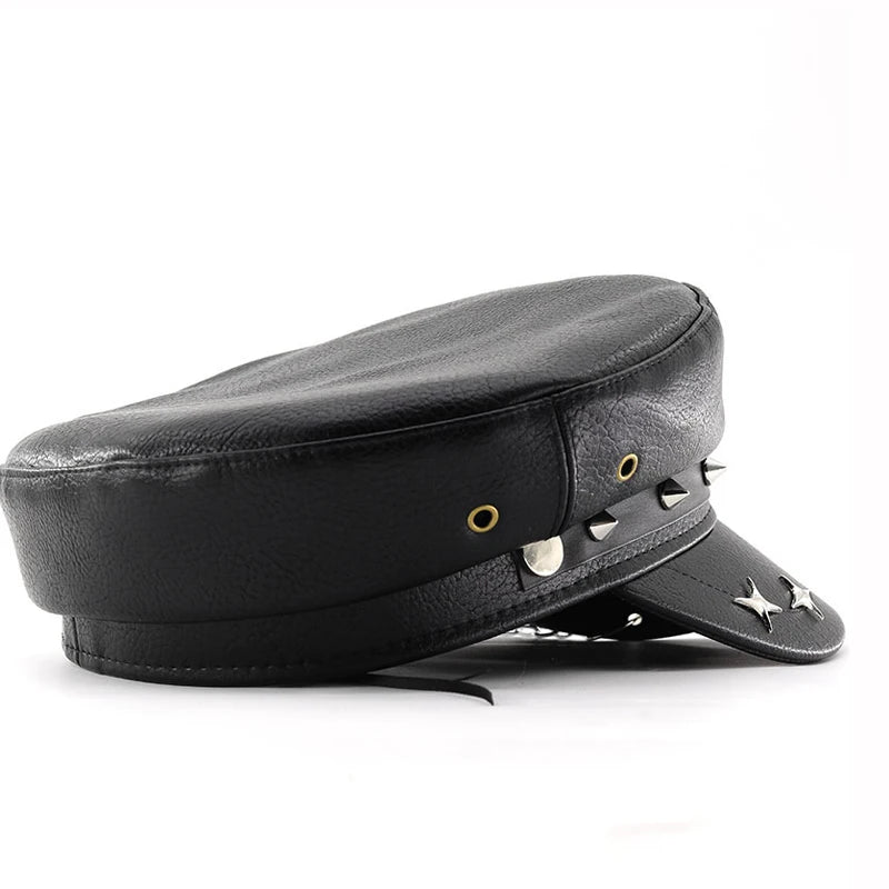 PU Leather Women Beret Punk Style Vintage Flat Top Military Cap Outdoor Casual Army Hat